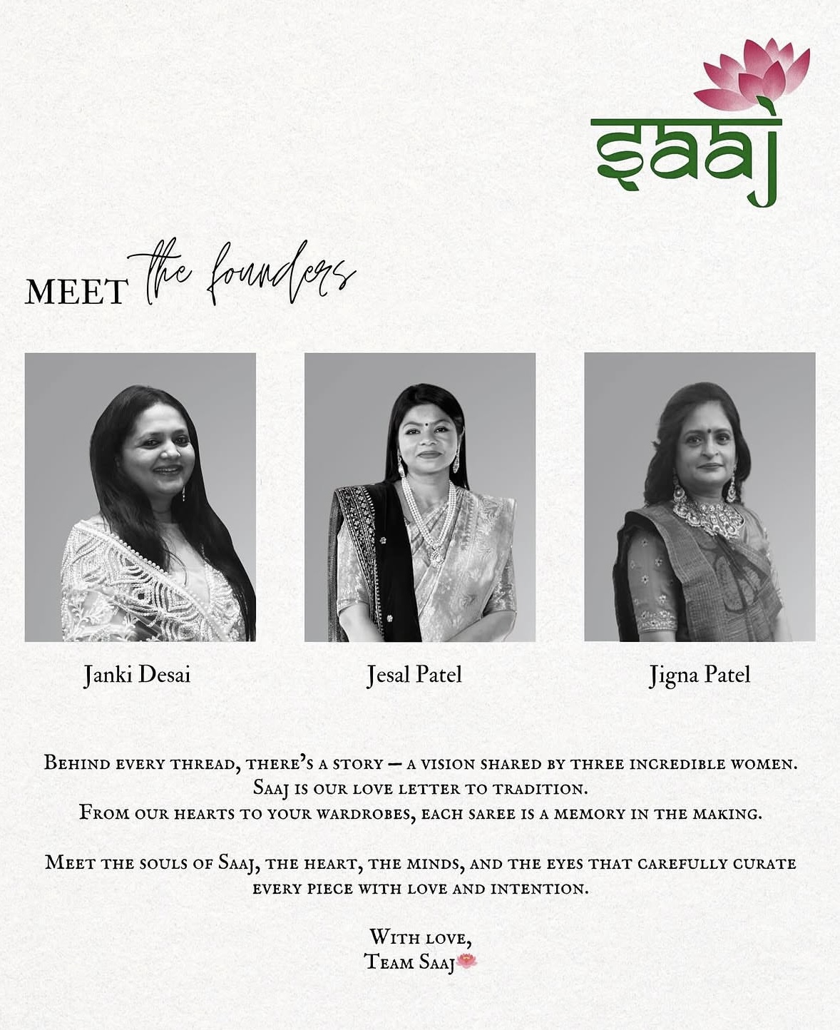 Saaj founders — Janki Desai, Jesal Patel and Jigna Patel